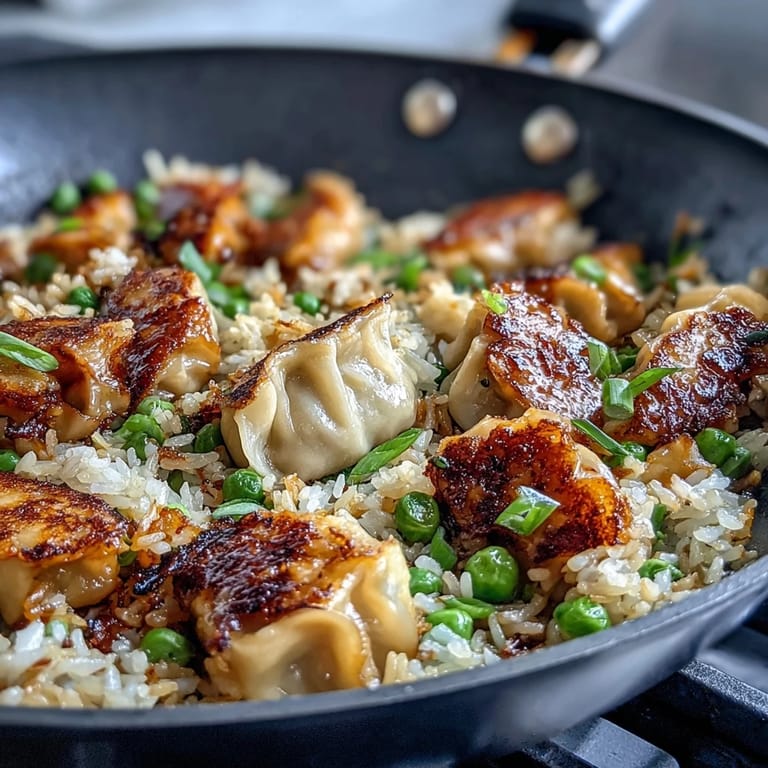 A sizzling skillet of homemade Trader Joe's Dumpling Fried Rice, featuring crispy rice, savory dumplings, and fresh mixed vegetables in a rich soy-ginger sauce.  