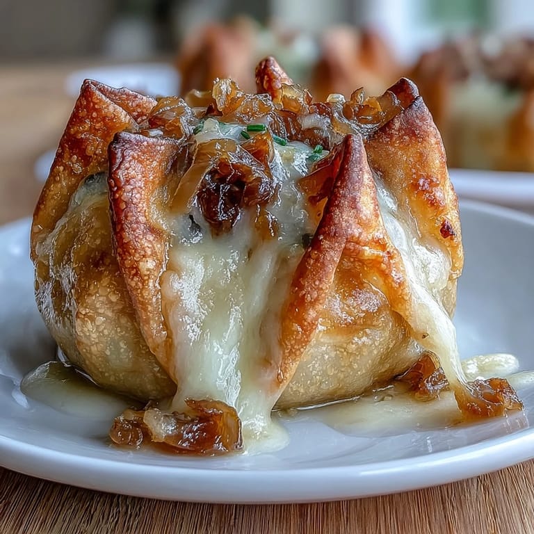 Gooey French onion soup flavors wrapped in tender dumpling skins, topped with chives and a buttery broth sauce.