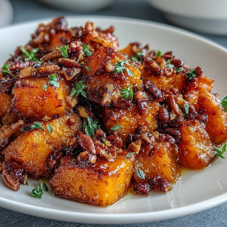 A close-up of buttery candied yams topped with crunchy pecan streusel, perfect for Thanksgiving or Christmas dinner.  