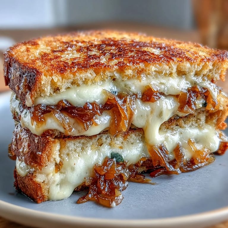Golden sourdough grilled cheese oozing Gruyere and caramelized onions, a savory sandwich with deep, sweet onion flavor.