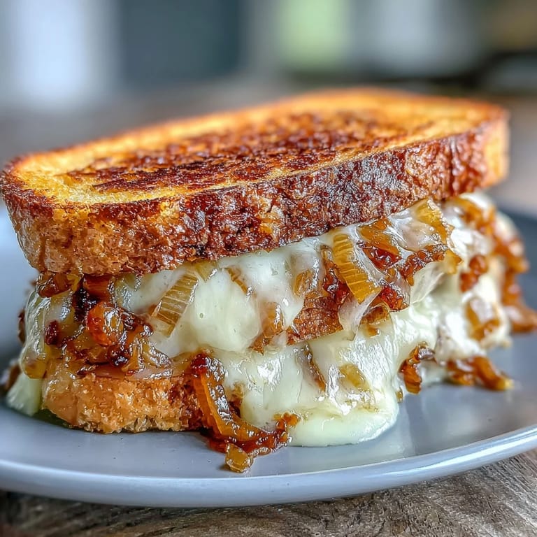 Buttery sourdough grilled cheese stuffed with nutty Gruyere and golden caramelized onions, perfect comfort food.