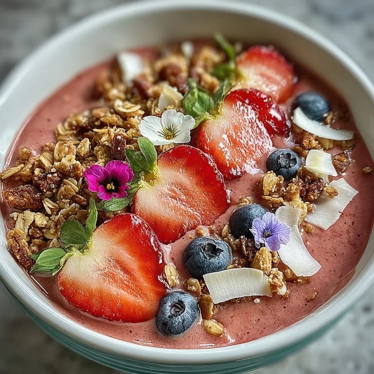 This refreshing smoothie bowl features a creamy strawberry base, crunchy granola, and colorful fruit toppings for a beautiful brunch spread.  