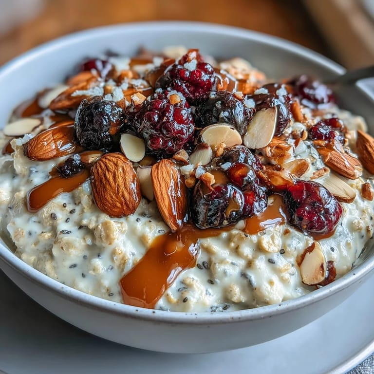Overnight oats topped with juicy berries, rich almond butter, and crunchy sliced almonds in a glass jar.  