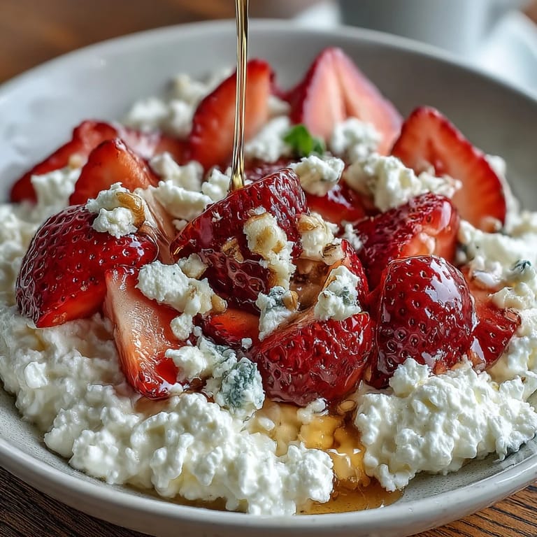 A colorful breakfast bowl featuring cottage cheese, juicy strawberries, sweet banana, and a honey drizzle for a nutritious start.