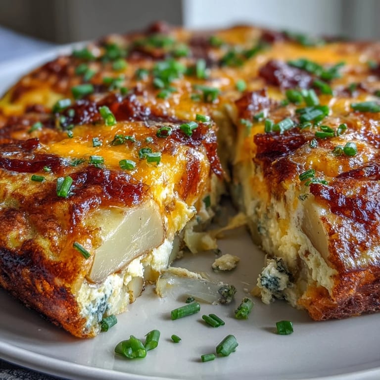 A hearty vegetarian frittata featuring soft potatoes, vibrant spring onions, and rich cheddar, ideal for brunch or dinner.