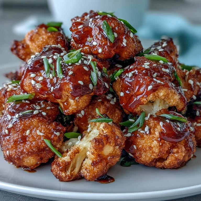 Golden-brown air-fried cauliflower bites smothered in rich, sticky General Tso's sauce—an Asian fusion appetizer perfect for sharing.  