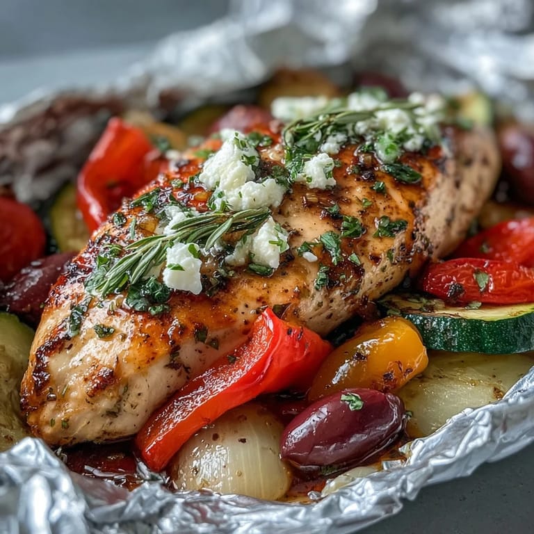 Juicy marinated chicken breast and fresh vegetables wrapped in foil, infused with bright lemon and aromatic oregano.  