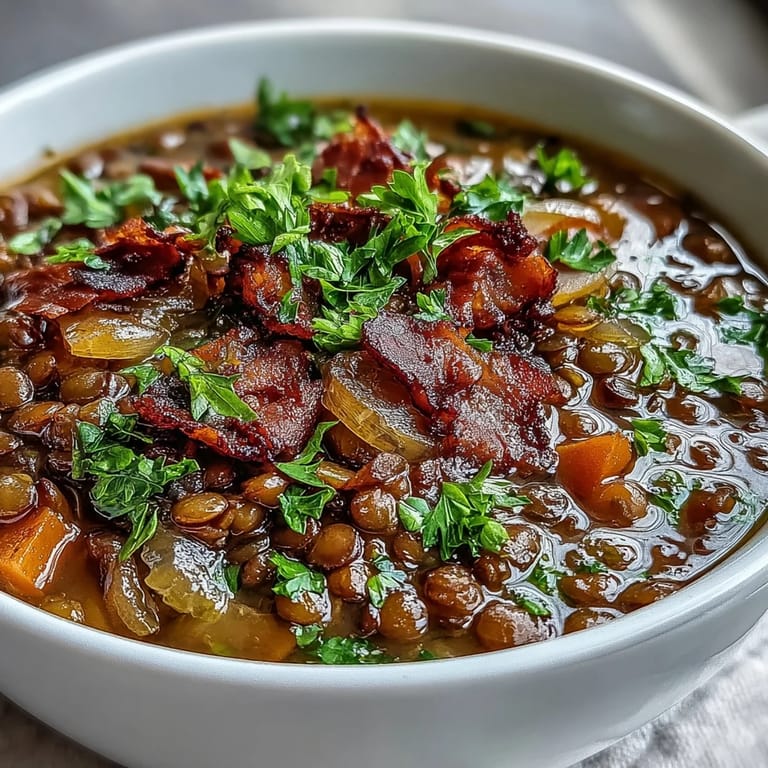 A rustic one-pot ham, onion, and lentil stew, garnished with fresh parsley and served hot for a satisfying meal.