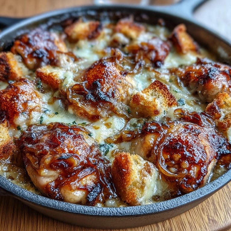 French Onion Chicken Thigh Bake with Sourdough Topping: oven-baked chicken in French onion-style sauce, crowned with crunchy sourdough bread cubes and melted Gruyère for ultimate comfort.