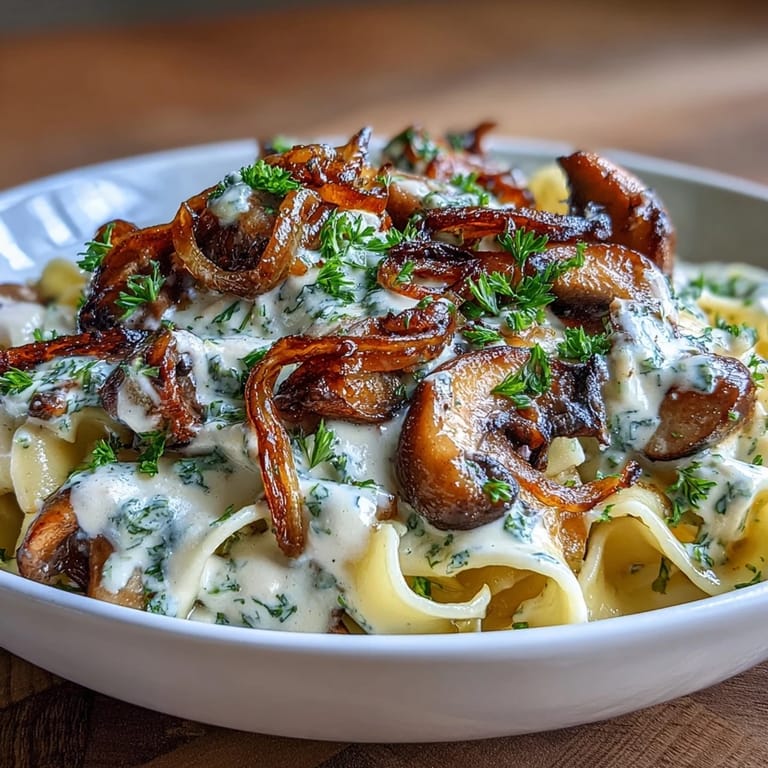 Rich, savory stroganoff featuring sautéed mushrooms and onions in a silky sour cream sauce.  
