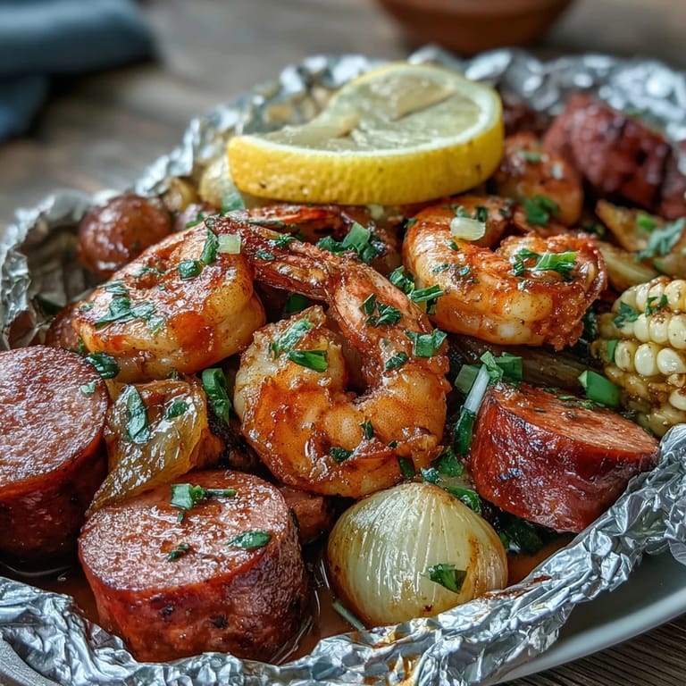 Easy grilled seafood recipe featuring tender shrimp, smoky sausage, and sweet corn seasoned with Old Bay and served in foil.  