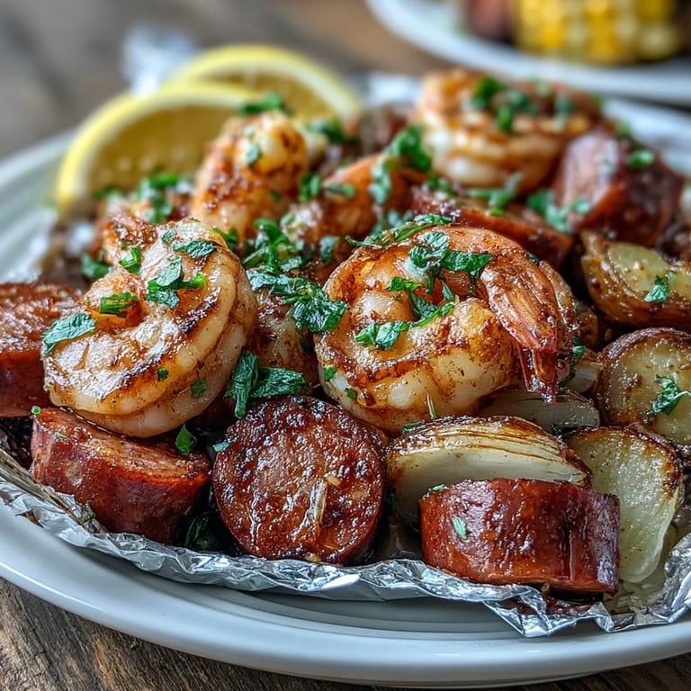 Vibrant Cajun-style shrimp and sausage foil packet with baby potatoes, onions, and corn, bursting with bold spices and lemon.