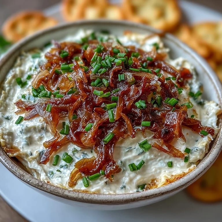Rich, tangy caramelized onion dip made with Greek yogurt, perfect for parties or as a sandwich spread.