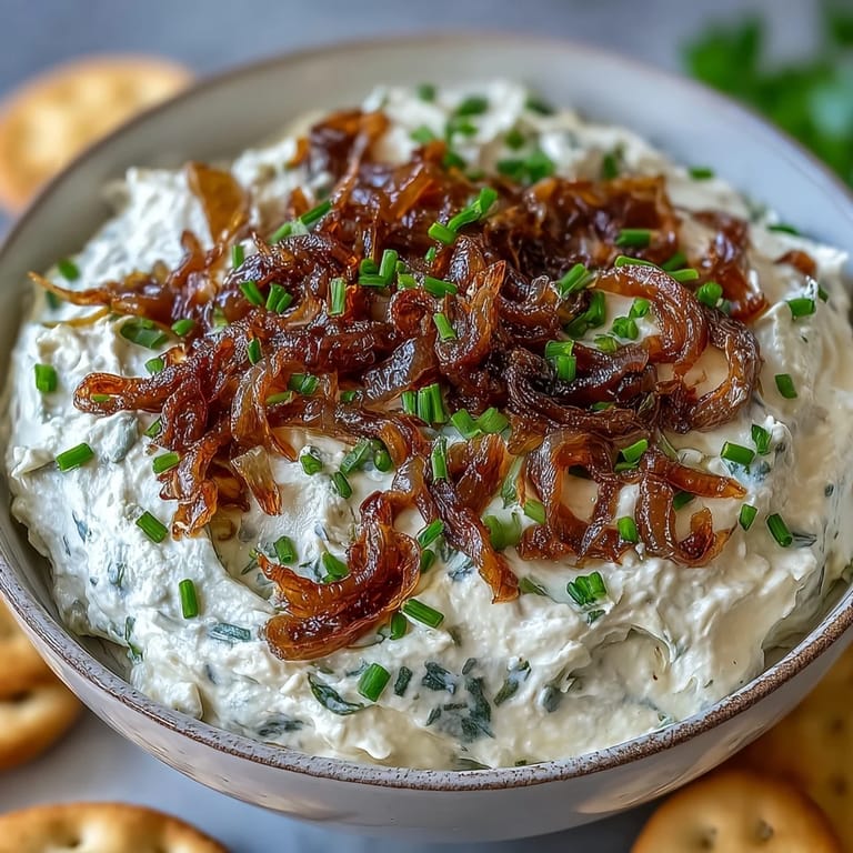 Velvety caramelized onion and Greek yogurt dip, ideal for dipping veggies, crackers, or enjoying as a flavorful appetizer.