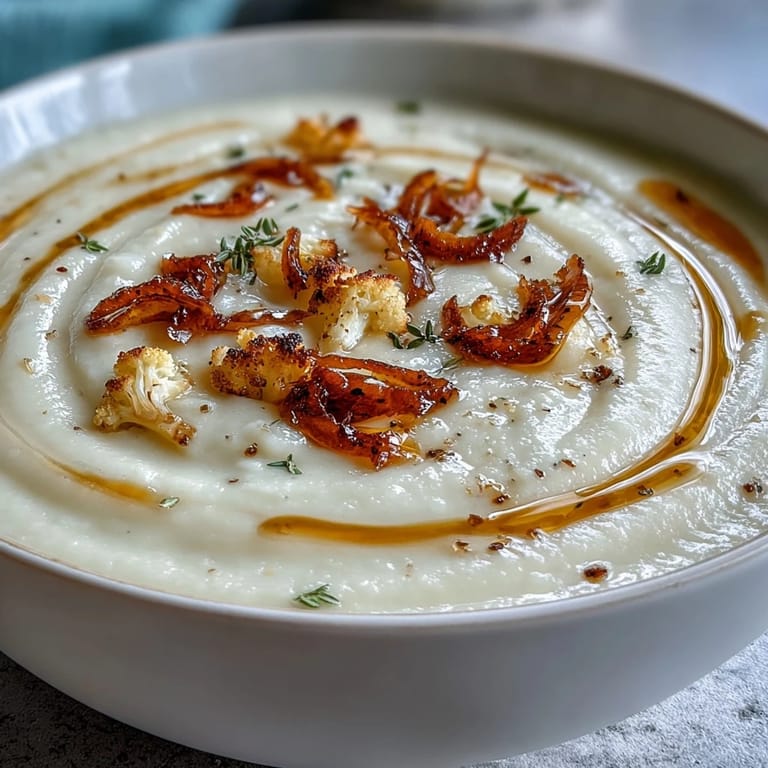 A bowl of velvety cauliflower soup with sweet caramelized onions, served with crusty bread on the side.