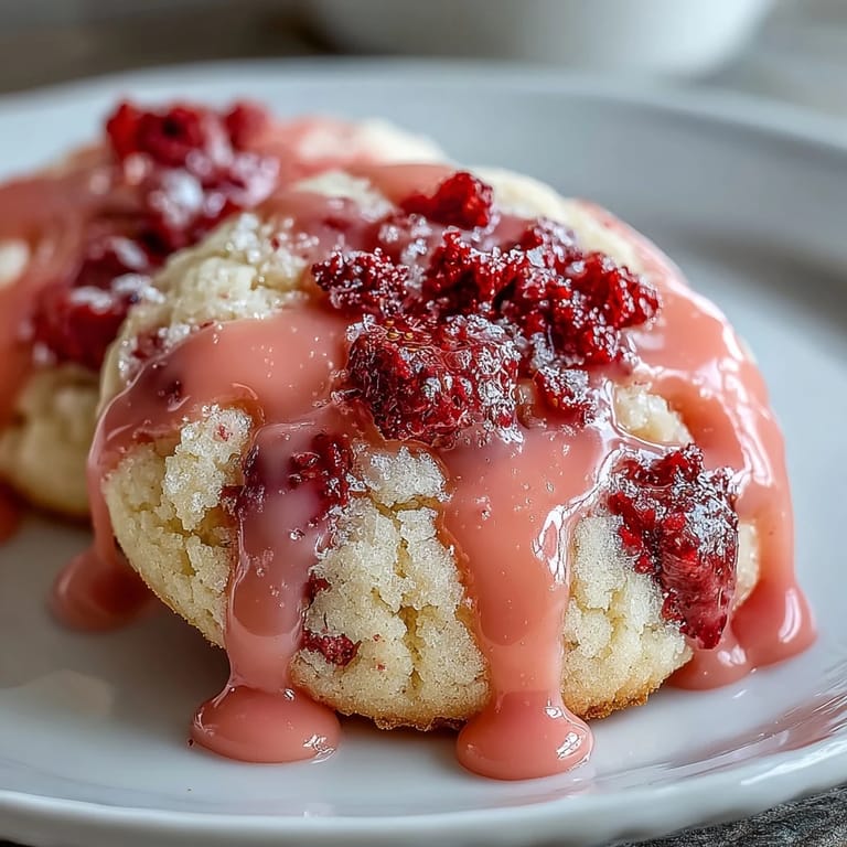 Handmade strawberry cookies with creamy pink icing, perfect for a sweet springtime dessert.