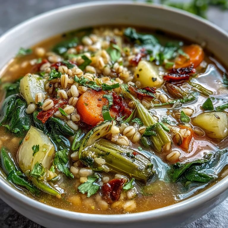 A steaming bowl of warm winter-to-spring vegetable soup with barley, brimming with tender root vegetables and fresh greens in a savory broth.