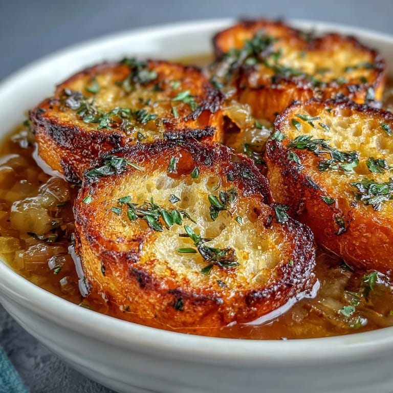 Richly caramelized onions and tender roasted garlic create a savory vegetarian soup with golden herb croutons.  