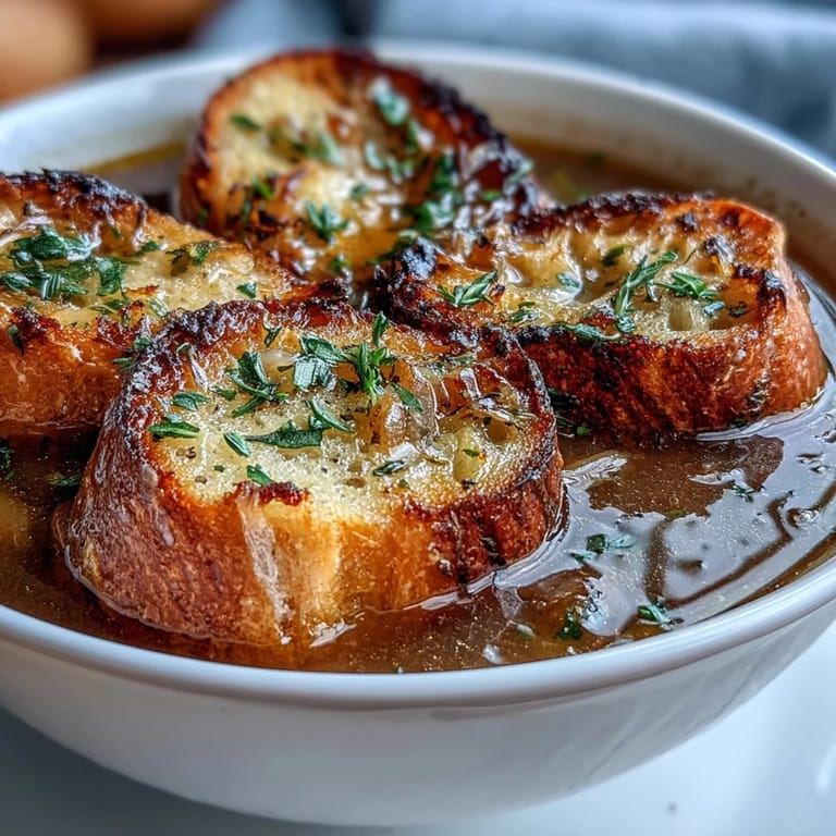 Warm bowl of roasted garlic and onion soup garnished with crunchy herb croutons, served for comfort.