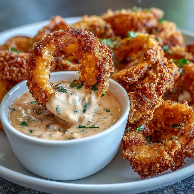 Delicious baked onion rings with a light, crispy crust served with a rich, smoky paprika dip for an irresistible vegetarian appetizer.