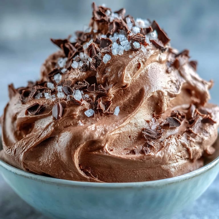 Velvety Yogurt Protein Mousse with Cocoa and Sea Salt, topped with flaky sea salt and dark chocolate shavings for an indulgent yet healthy treat.