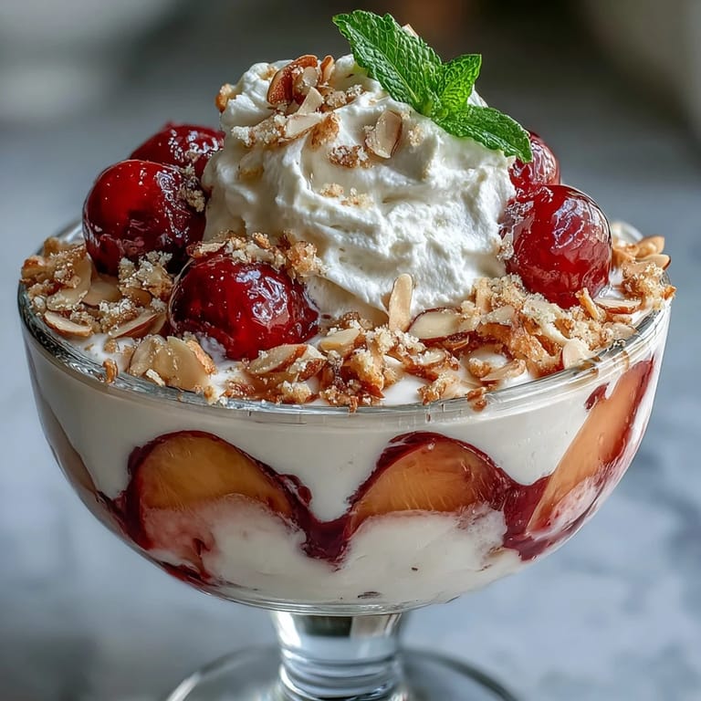 Elegant peach Melba yogurt cups with luscious layers of fruit, creamy yogurt, and toasted almonds, perfect for summer gatherings or a light sweet treat.