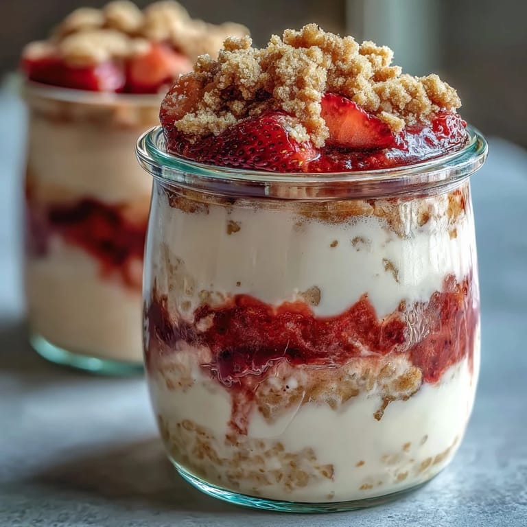 Strawberry cheesecake overnight oats topped with juicy strawberries and crunchy graham crumble, perfect for a healthy, indulgent morning treat.