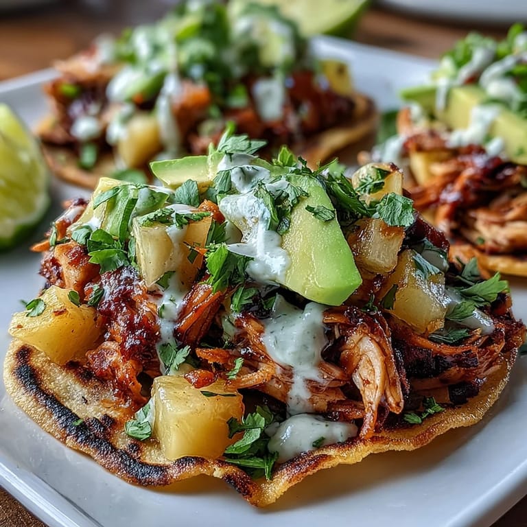 Baked tostadas loaded with juicy chicken, sweet pineapple salsa, and zesty lime crema for a satisfying dish.