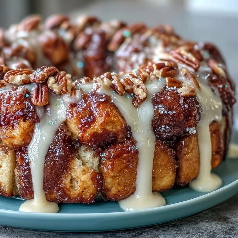 Pull-apart King Cake bread with vibrant Mardi Gras colors, showcasing soft, cinnamon-swirled dough balls drenched in vanilla cream cheese icing and festive sanding sugars.