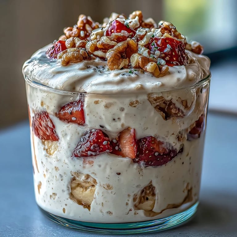 Wholesome overnight oats with ripe banana, juicy strawberries, and walnuts, inspired by classic banana bread flavors.