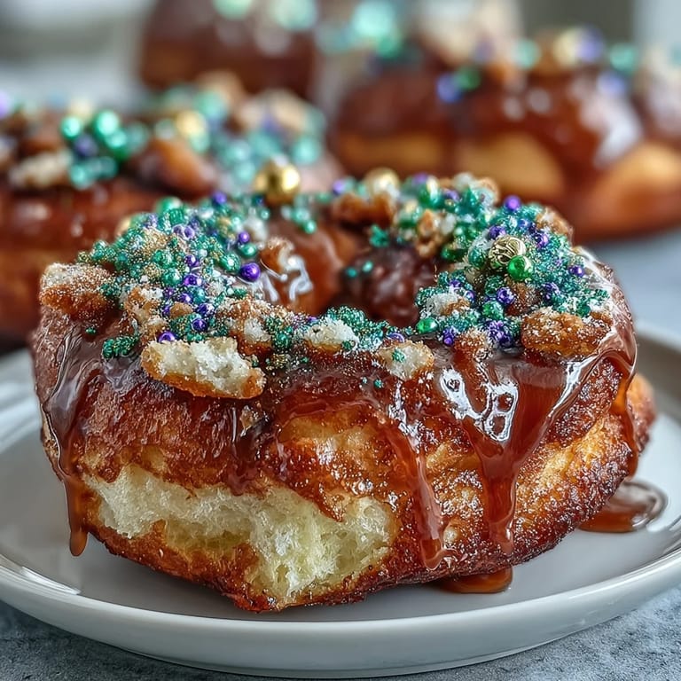 Colorful King Cake donuts topped with green, purple, and gold sanding sugar, perfect for Mardi Gras celebrations.