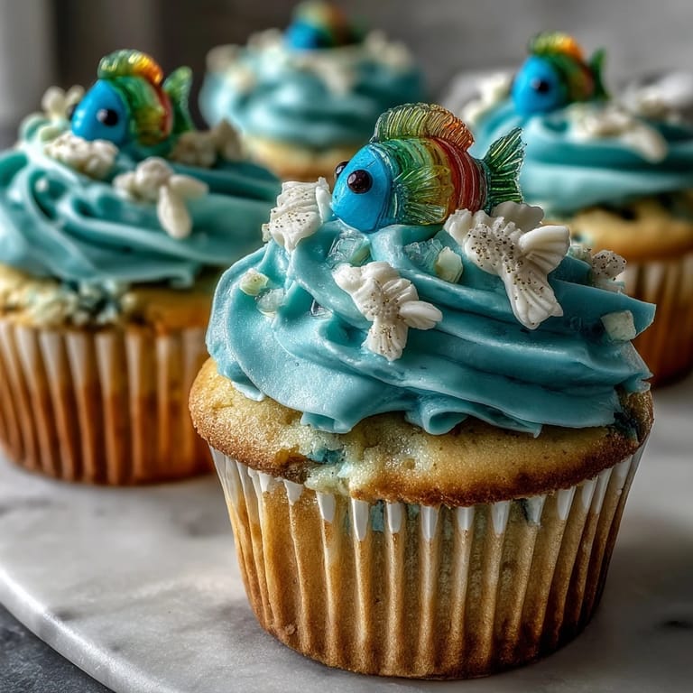 Decorative vanilla cupcakes featuring handmade fondant fish decorations, ideal for Pisces-themed celebrations and whimsical dessert tables.