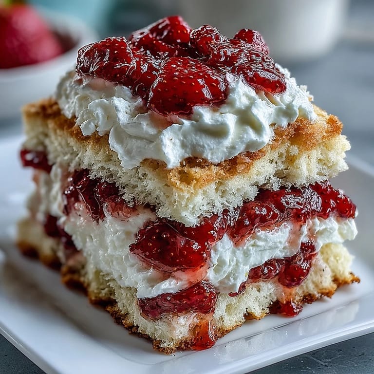 Golden shortcake biscuits stacked with sweet strawberries and whipped cream create a timeless dessert perfect for summer gatherings or family celebrations.