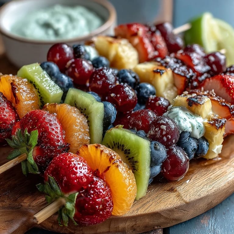 Colorful rainbow fruit kabobs featuring strawberries, oranges, and grapes served with a tangy honey-lime yogurt dip.  