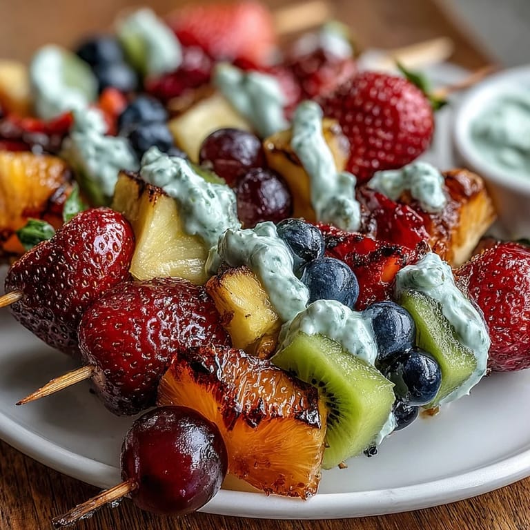 Kid-friendly rainbow fruit kabobs arranged in vibrant layers with a smooth honey-lime yogurt dip for dipping.