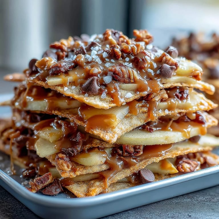 A fun, shareable twist on caramel apples—sweet apple nachos drizzled with warm caramel and topped with mini chocolate chips and colorful sprinkles.