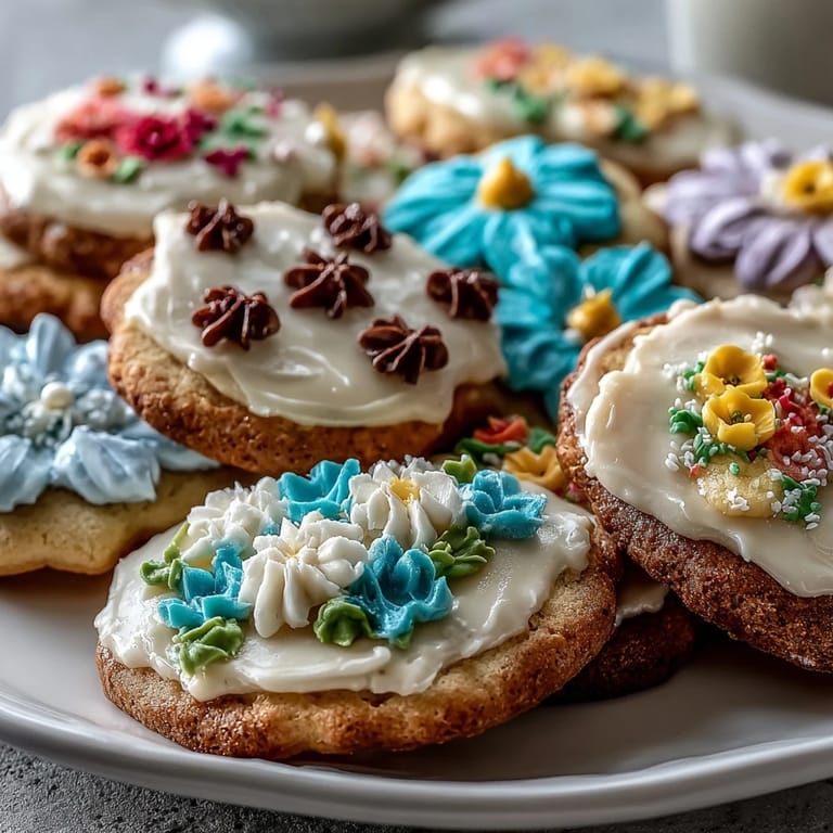 Buttery sugar cookies decorated with hand-piped royal icing flowers in soft pink, yellow, and lavender hues, ideal for springtime parties.