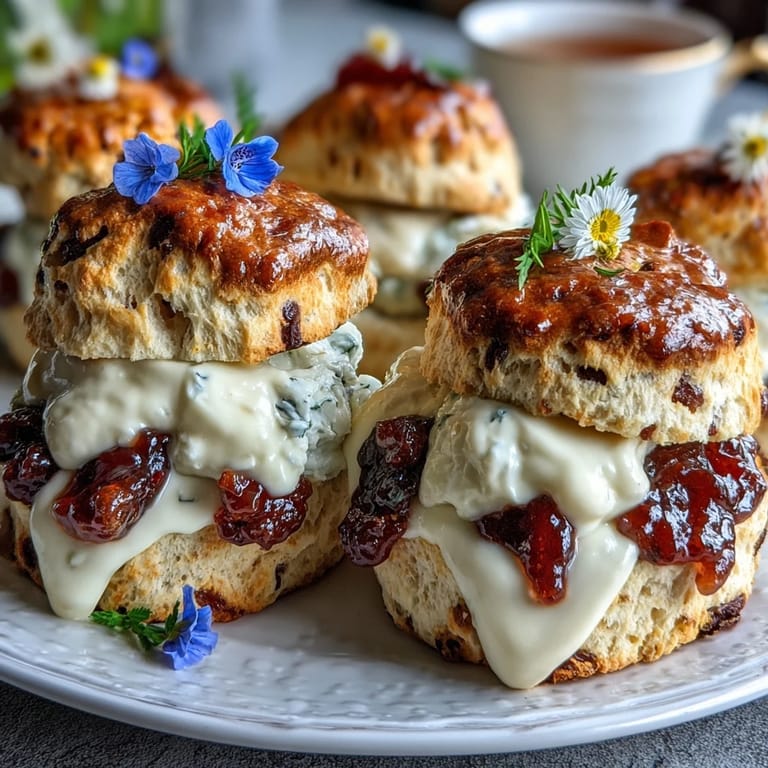 Delicate, buttery scones split open and layered with smooth clotted cream and sweet berry jam, ideal for afternoon gatherings.