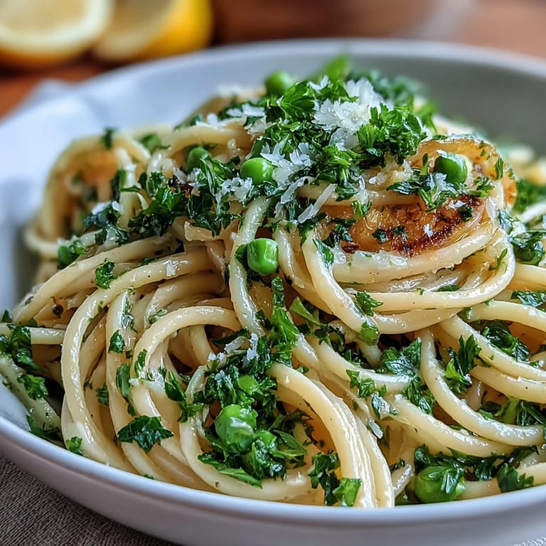 Vibrant linguine tossed in silky lemon butter sauce with green peas and grated Parmesan cheese.