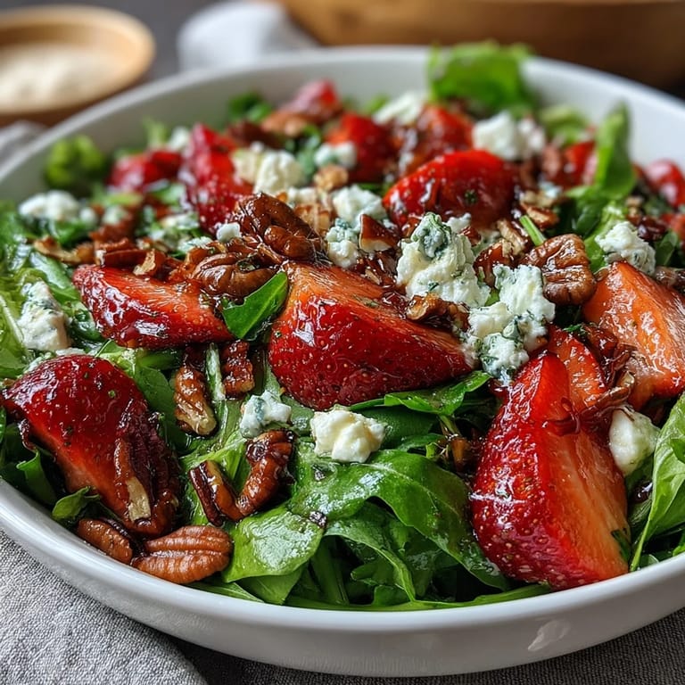 Spring Dinner Party Strawberry Arugula Salad with Balsamic Glaze: Peppery arugula, juicy strawberries, and crumbled goat cheese tossed in a zesty lemon-olive oil dressing.