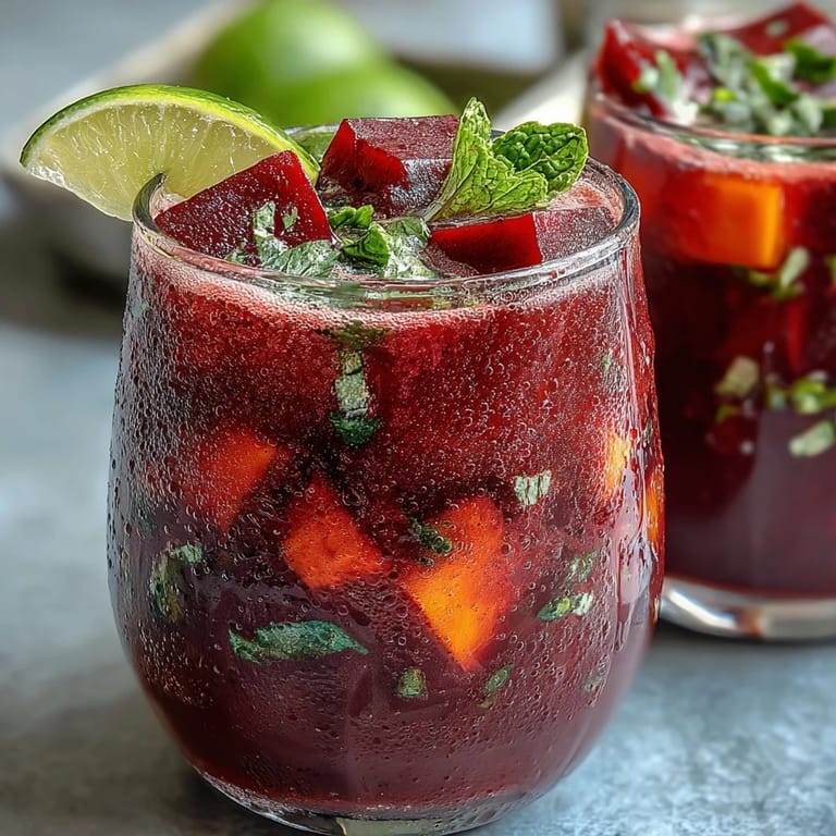 Bright, icy Mango Dragonfruit Refresher served in tall glasses, garnished with colorful dragonfruit and mango for a tropical cafe-style treat.