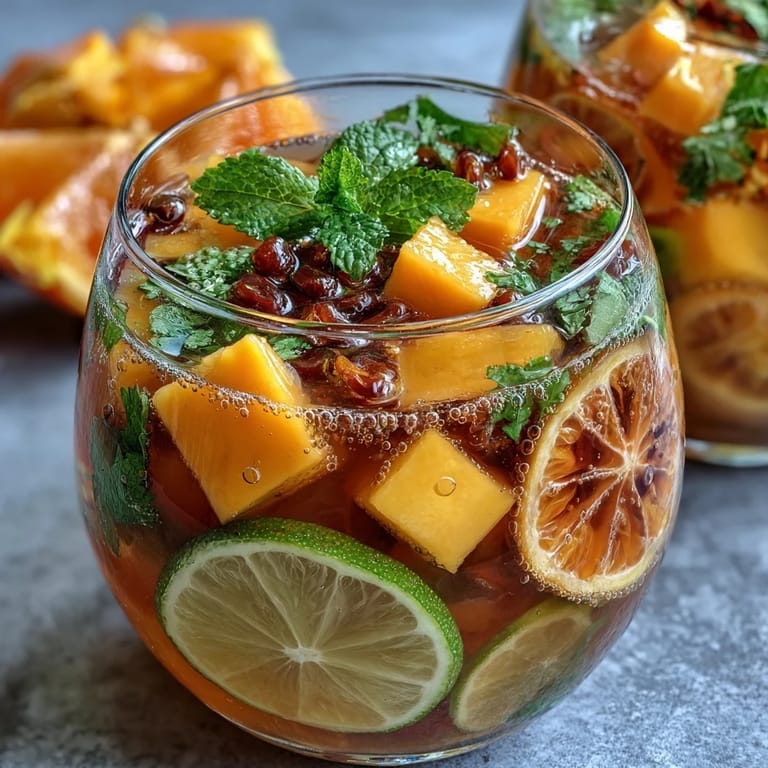 A pitcher filled with vibrant Mango Peach Sangria, featuring juicy mango, peach, and citrus slices over ice, ready to serve.