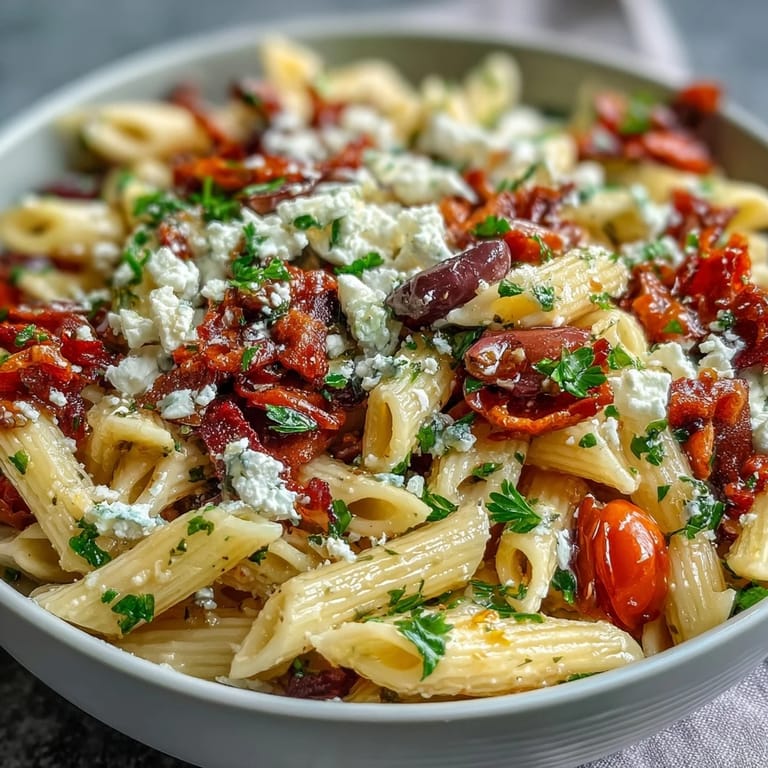 Vibrant Greek pasta salad with feta, olives, and fresh herbs, perfect for a refreshing summer meal.