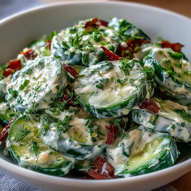 A close-up of crisp cucumber slices coated in tangy Greek yogurt dill dressing, served as a refreshing summer side dish.