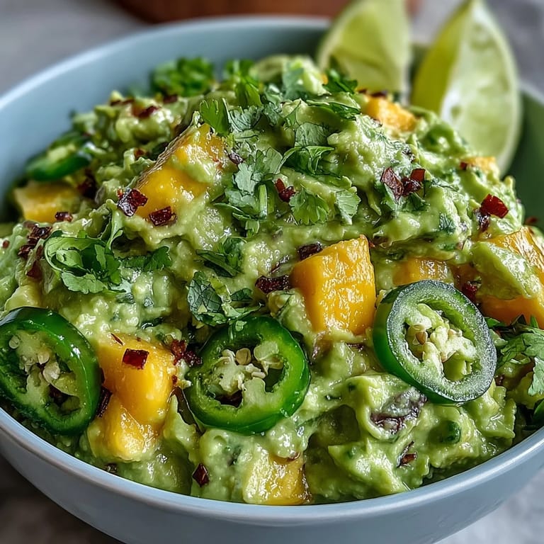 Vibrant Cinco de Mayo Guacamole with ripe avocado, juicy mango, and jalapeño, a fresh and zesty dip for parties or Taco Tuesday.