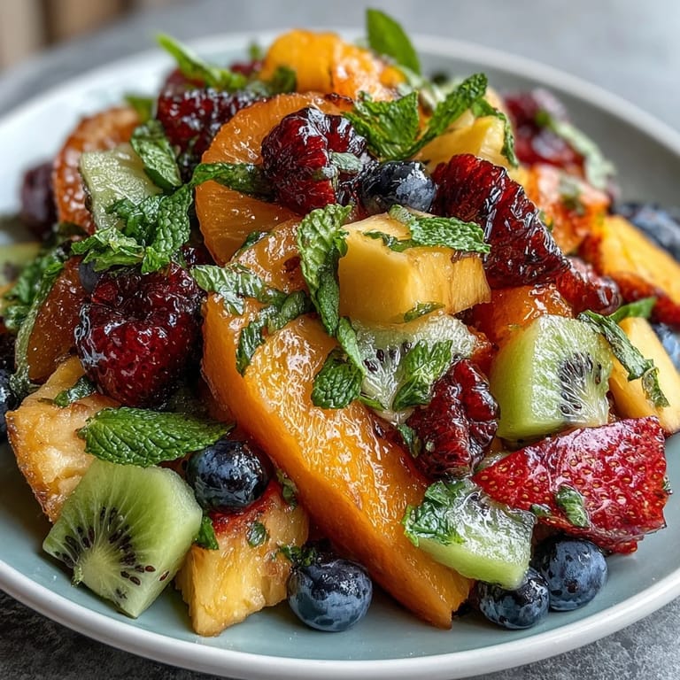 Colorful tropical fruit platter featuring juicy mangoes, pineapple spears, and fresh berries, garnished with mint and lime for a festive party centerpiece.