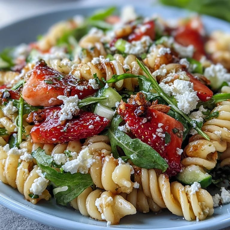 Vibrant pasta salad featuring sweet strawberries, tangy feta, and peppery arugula — perfect for spring picnics.