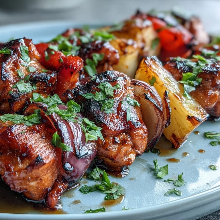 Tender chicken and pineapple chunks on skewers, grilled with a honey-lime marinade for a zesty summer dish.