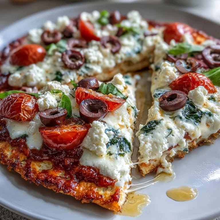 Savory cottage cheese flatbread pizza topped with melted cheese, olives, and spinach for a nutritious twist on classic pizza.