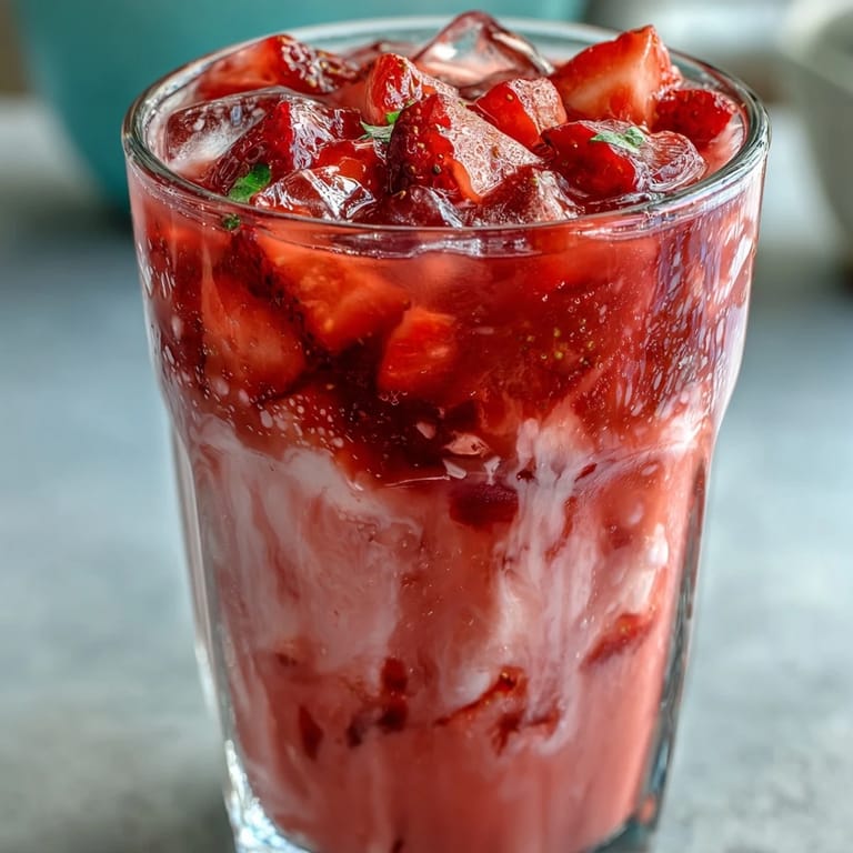 Berry-citrus Pink Starburst Refresher bursting with acai juice and lemonade, served over ice with juicy strawberry slices.